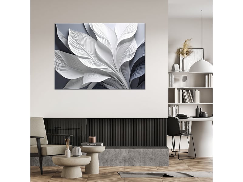 Tableaux, feuilles blanches sur fond gris 90x60 1328140482 - Conforama B