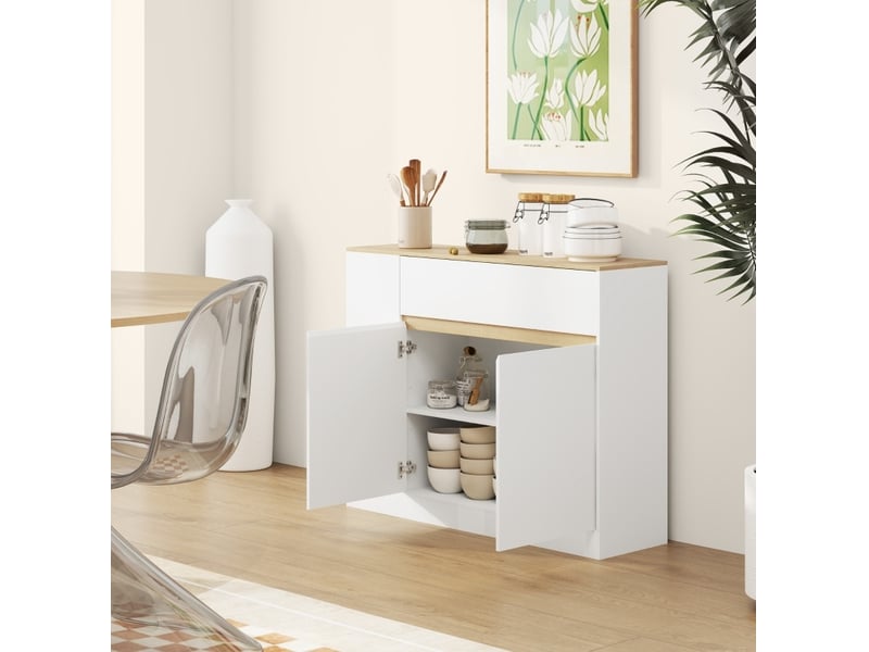  Buffet 105 x 30 x 81,5 cm blanc en panneau de particules, rangement avec portes, tiroir et étagères  - Conforama D