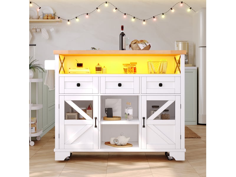 Desserte de cuisine 120x71x98 cm avec table rabattable, led commandée par application, métal et mdf blanc  - Conforama E