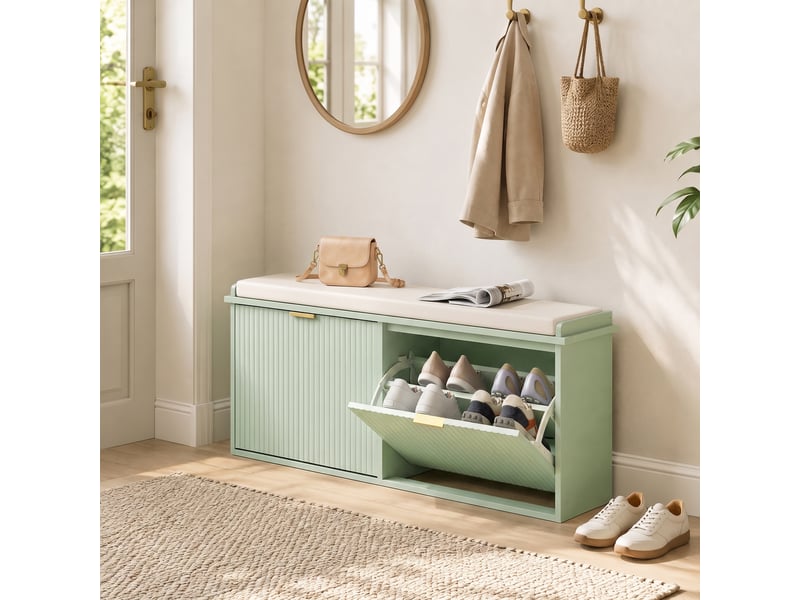  Banc à chaussures avec coussin d'assise rembourré et tiroir rabattable pour couloir, chambre, 104 x 26 x 47,5 cm, vert  - Conforama C
