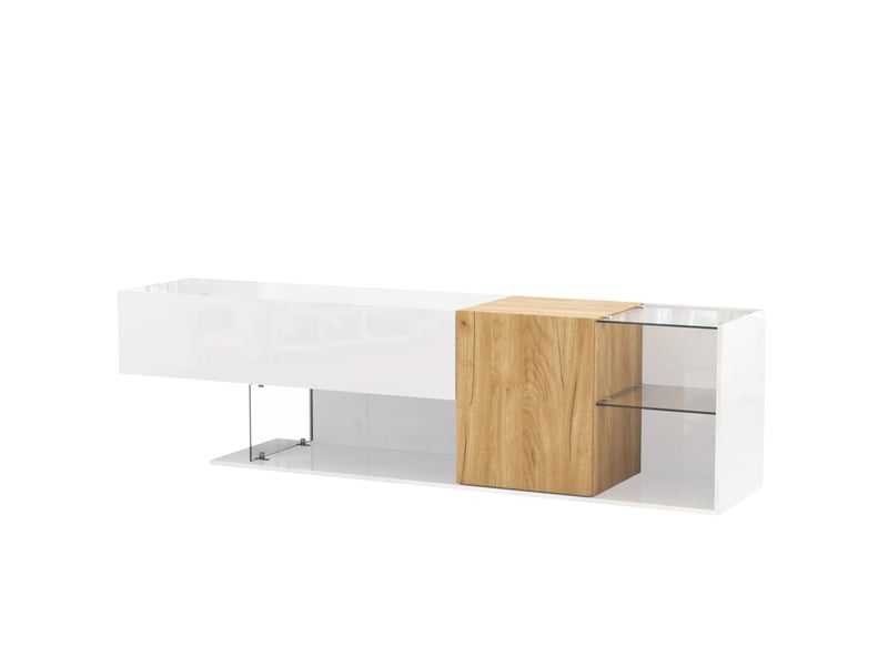  Meuble tv 180x38x48cm avec 2 portes, design à veines de bois, panneaux de particules, couleur naturel et blanc  - Conforama E