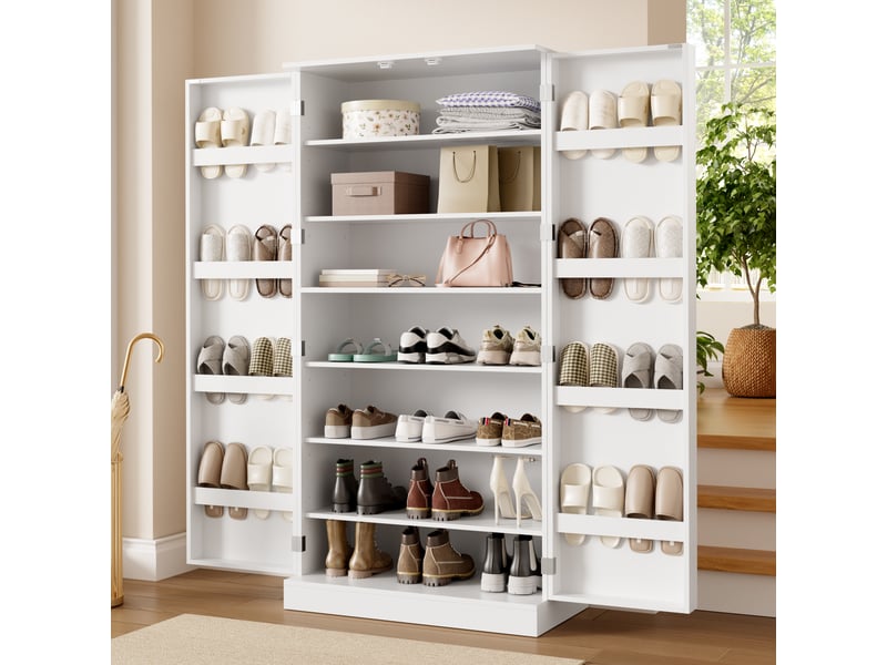  Meuble à chaussures blanc 160x80x40 cm, armoire haute avec portes et étagères ajustables, rangement entrée moderne en panneau de particules  - Conforama E