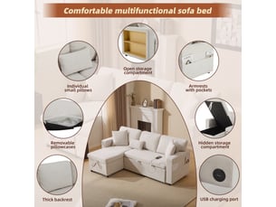 Canapé d'angle convertible 4 places, velours beige avec coffre de rangement, lit réversible avec port usb et étagère pour salon moderne