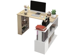Bureau d'angle bureau informatique modulable bibliothèque intégrée + étagère 3 niveaux blanc et bois naturel