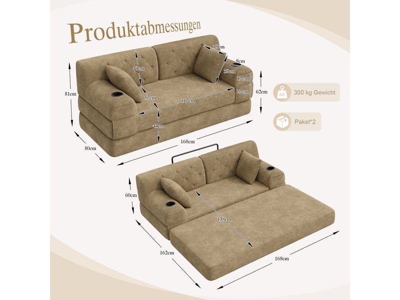 Canapé convertible, canapé-lit, 2 places, en velours tricoté, kaki, poches latérales, structure métallique, porte-gobelets - Conforama R