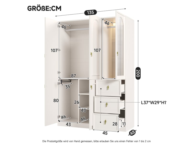  Armoire 135x48x200 cm avec led, 3 tiroirs et 5 portes, 3 espaces penderie, blanche  - Conforama C