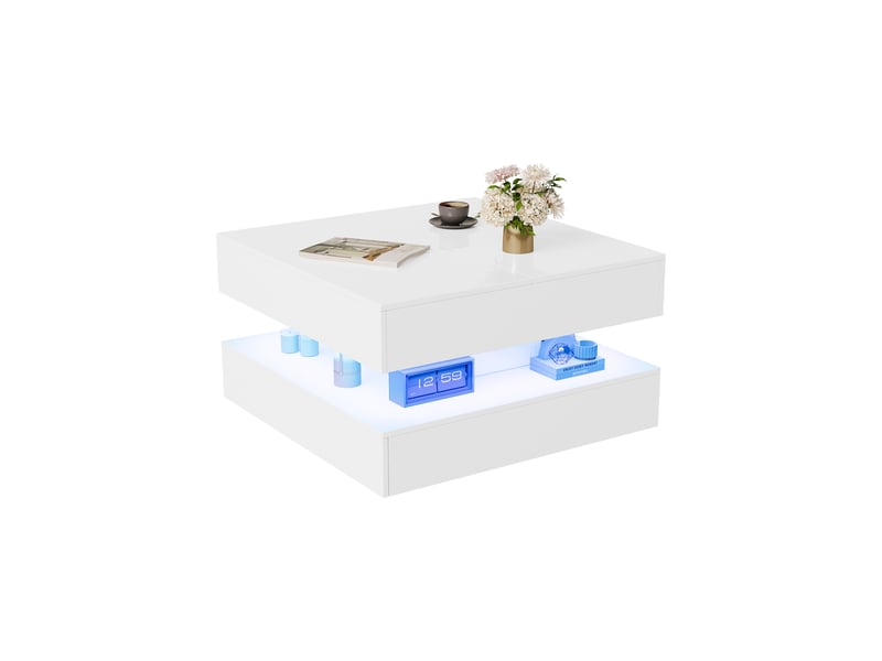 Table basse 78x78cm blanc brillant - design moderne, éclairage led rvb (télécommande et app) et 2 tiroirs - Conforama A