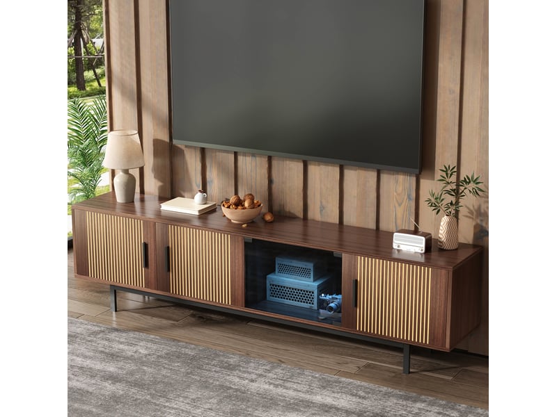 Meuble tv bas 200x35x53 cm led pilotable bluetooth, pilotage 16 appareils, portes verre, mdf particules, noir, noyer - Conforama D