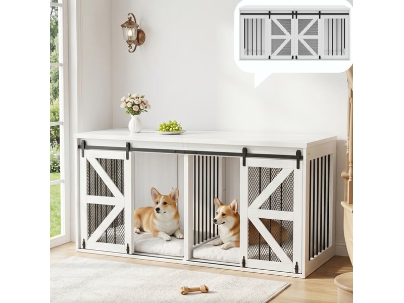  Cage d’intérieur pour deux animaux de compagnie, portes coulissantes, mdf et métal, blanc, 160 x 60 x 75 cm  - Conforama D