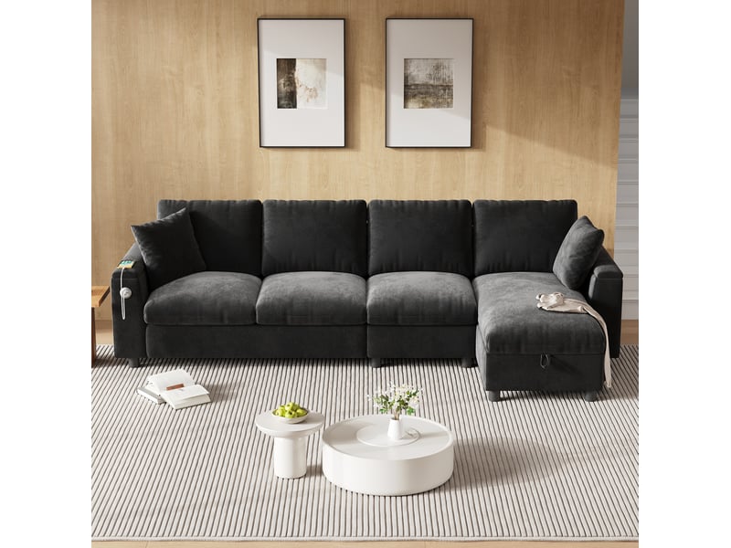  Canapé d'angle convertible modenvie 4 places réversible 280 x 137 cm en chenille gris avec rangement  - Conforama D
