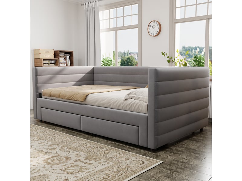  Canapé-lit convertible 3-en-1 90/180x190 cm avec 2 tiroirs, tissu coton-lin gris, sans matelas  - Conforama W