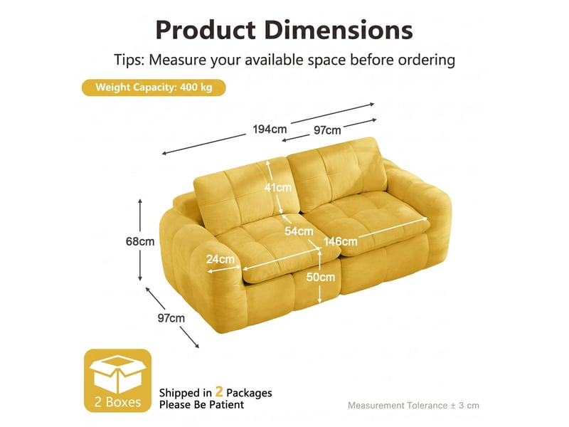  Canapé 2 places, revêtement en tissu chenille, sans assemblage, jaune  - Conforama D