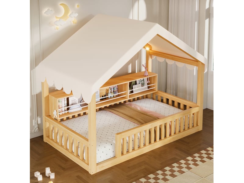  Lit cabane enfant tcqpz 90 x 200 cm au sol avec guirlande led bibliothèque et barrières de sécurité bois naturel  - Conforama E