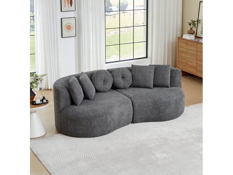  Canapé modulaire 2 pièces, en forme de noix de cajou, en chenille anthracite, sans accoudoirs, avec dossier continu et 6 coussins  - Conforama C