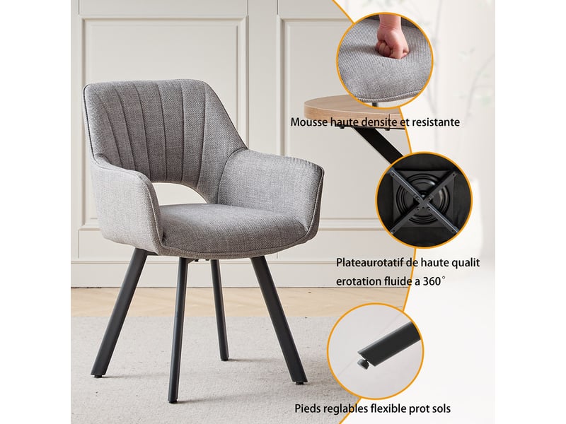  Lot de 6 chaises de salle à manger pivoter à 360° - cuisine, salon - avec dossier ajouré - lin - pieds en métal - gris clair  - Conforama D