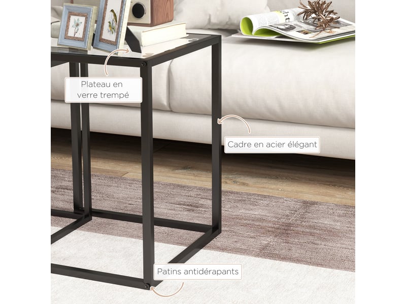  Lot de 2 tables basse gigogne, tables d'appoint empilable, plateau verre trempé cadre acier, noir, patins antidérapants  - Conforama E