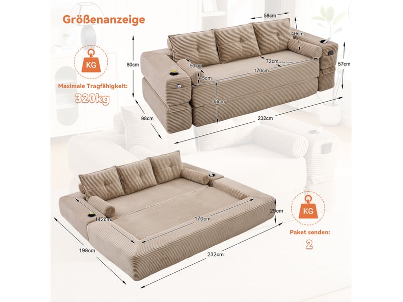 Canapé convertible 3 places avec poches, porte-gobelets et coussins mémoire en velours côtelé kaki  - Conforama C