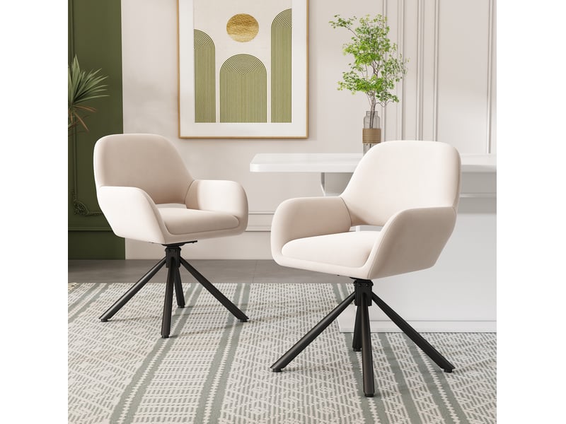  Lot de 2 chaises de salle à manger pivotantes avec accoudoirs en velours beige  - Conforama B