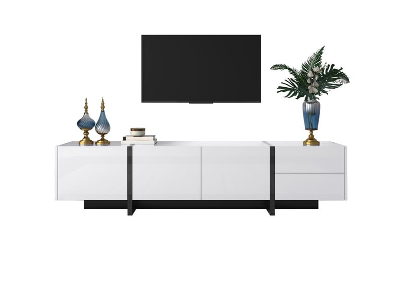  Meuble tv avec 3 portes et 2 tiroirs, 190 x 35 x 45 cm, finition brillante et tablettes intérieures, panneaux de particules, blanc Morn Vibe - Conforama A