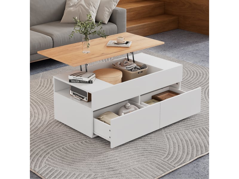  Table basse relevable 100x50 cm, table de salon avec rangement caché et 2 tiroirs, table basse blanc et bois  - Conforama B