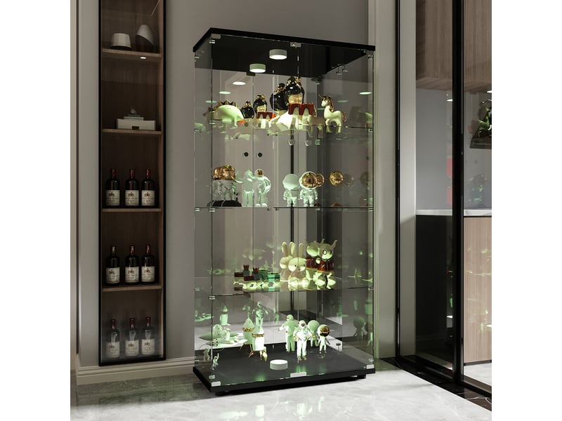  Vitrine en verre avec led- verre trempé miroir- vitrine armoire pour collection-4 niveaux- 2 portes-serrure de sécurité- 80×36×164cm-noir  - Conforama W