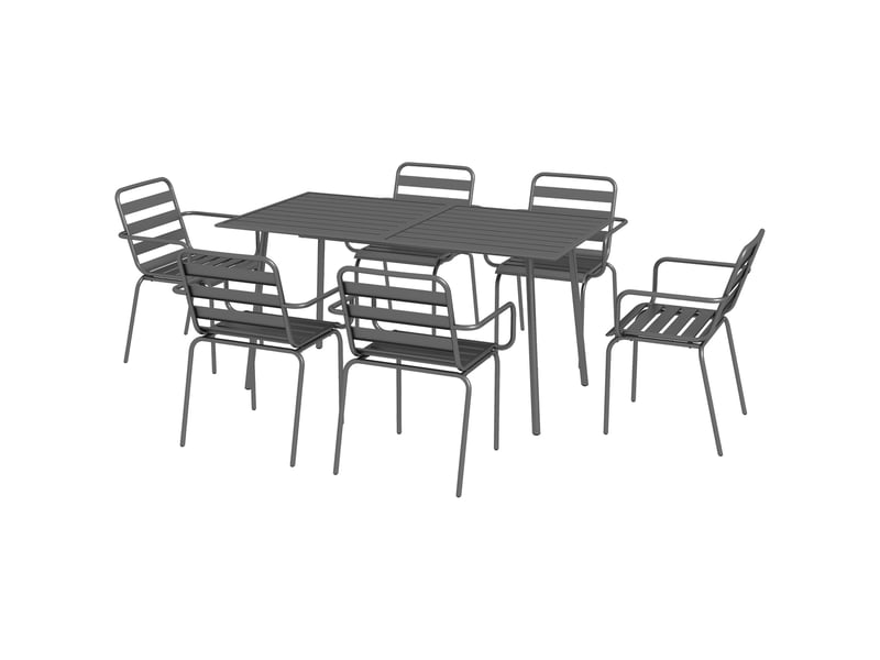  Salon de jardin ensemble salle à manger de jardin 7 pièces avec 1 table et 6 chaises empilables en acier gris foncé  - Conforama B