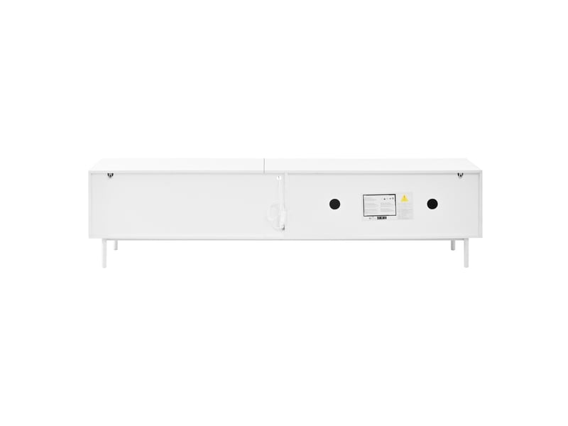  Meuble tv blanc 3 portes coulissantes, mdf, étagère en verre, éclairage led par app, pieds acier fins  - Conforama E