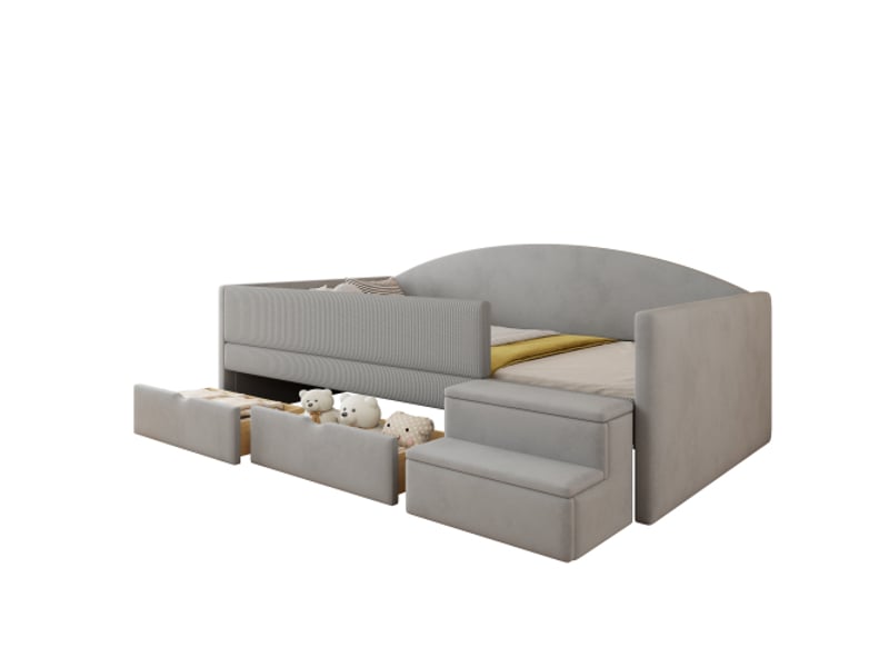 Lit-canapé 90x190 velours gris clair – multifonction avec tiroirs, garde-corps et marches – sans matelas - Conforama E