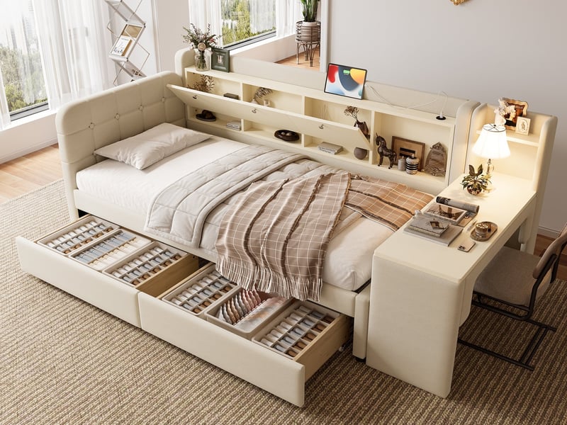  Lit simple pour enfant, 90×200cm, lit de repos, avec 2 tiroirs, bureau, usb + type c, compartiment de rangement, lin, beige  - Conforama B