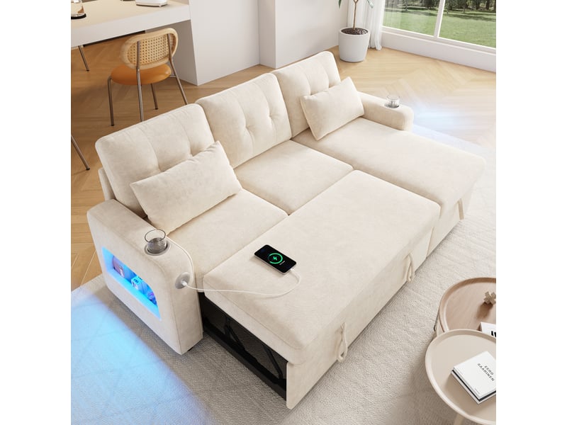  Canapé d'angle réversible convertible avec coffre, led, ports usb et usb-c, porte-gobelets, en chenille beige  - Conforama C