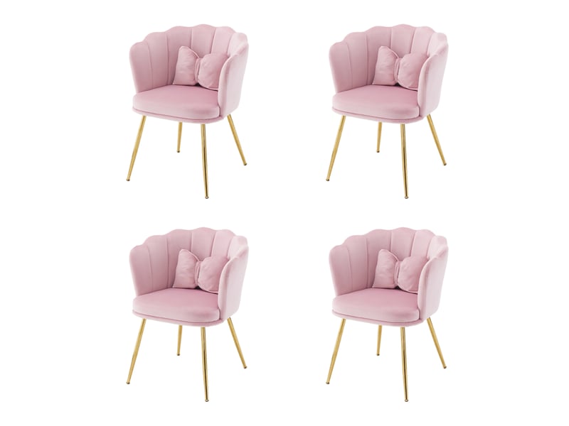 Lot de 4 fauteuils design 63x58x77 cm, dossier pétale, coussin papillon, pieds en métal doré, velours rose - Conforama A