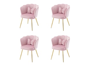 Lot de 4 fauteuils design 63x58x77 cm, dossier pétale, coussin papillon, pieds en métal doré, velours rose