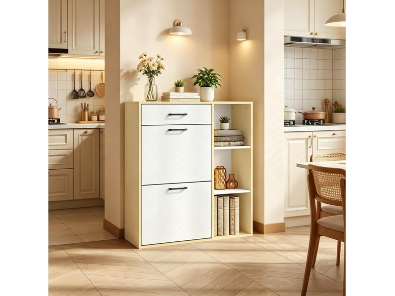  Meuble à chaussures 80x30x90 cm blanc en mdf, 1 tiroir, 2 compartiments abattants et 3 niches ouvertes  - Conforama B