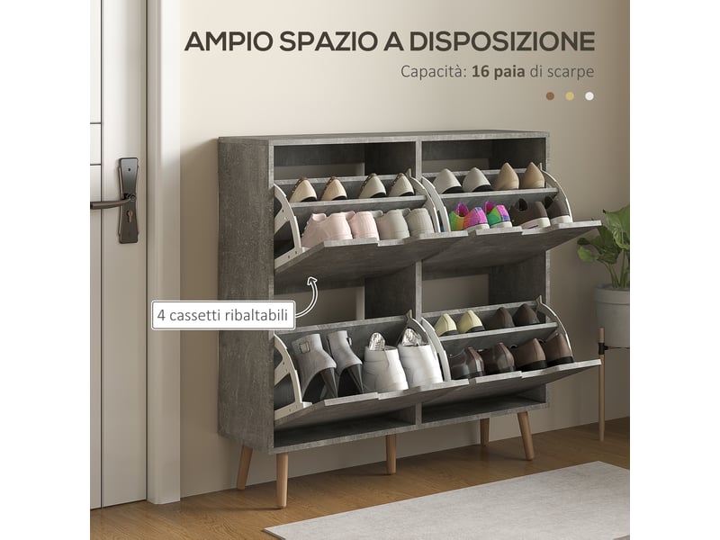  Meuble à chaussures gris avec 4 tiroirs basculants sur 2 niveaux pour 16 paires en bois 95x26x95 cm  - Conforama E