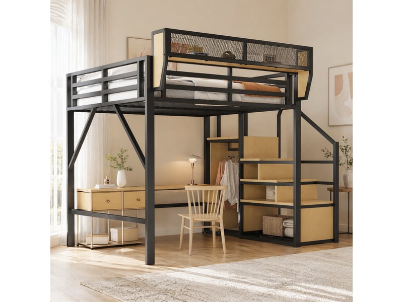  Lit mezzanine 200×140 cm avec espace libre de 140 cm, étagère amovible et échelle, sans matelas, en mdf et métal  - Conforama B