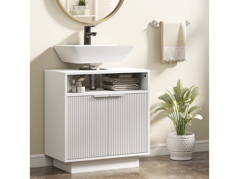 Meuble sous-évier avec 2 portes rainurées et compartiment ouvert pour évier sans colonne, 60 x 33 x 63 cm, blanc  - Conforama C