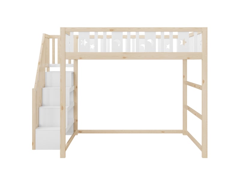 Lit mezzanine enfant 140x200 en bois massif avec escalier et garde-corps de sécurité – décor étoiles et lune - Conforama E