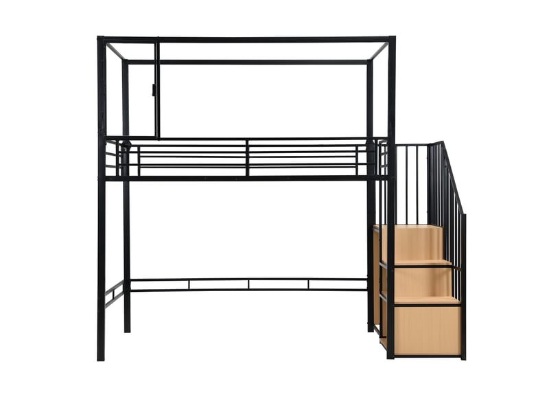 Lit mezzanine 90x200 cm avec escalier à rangement et penderie - lit enfant en métal noir - sans matelas  - Conforama D