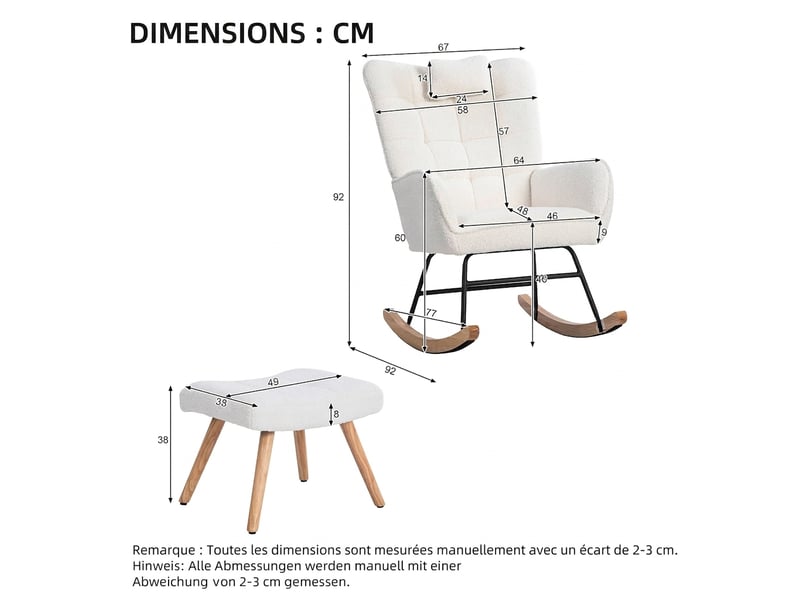  Fauteuil à bascule blanc avec repose-pieds et coussin, tissu polaire bouclette, largeur 65 cm  - Conforama E
