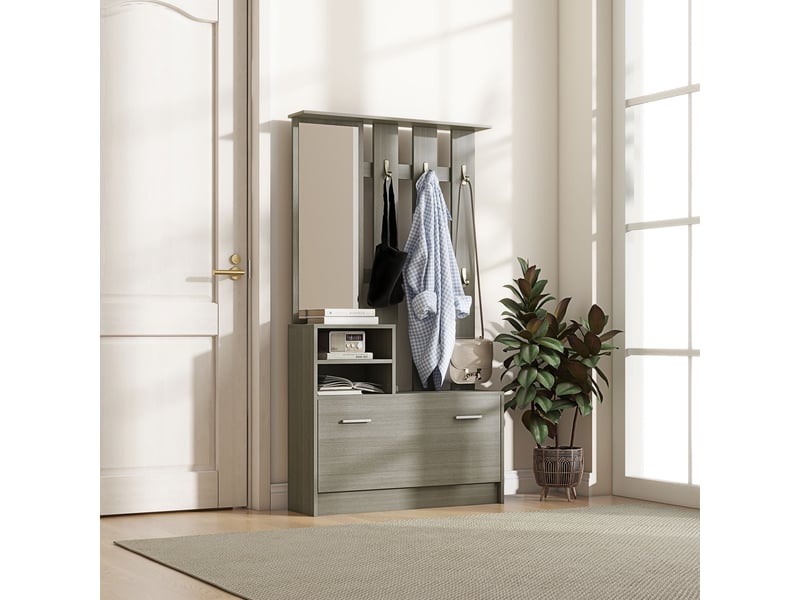  Ensemble de meubles d'entrée comprenant un porte-manteau, un miroir, un banc avec étagère et un meuble à chaussures pour 8 paires de chaussures, gris  - Conforama C