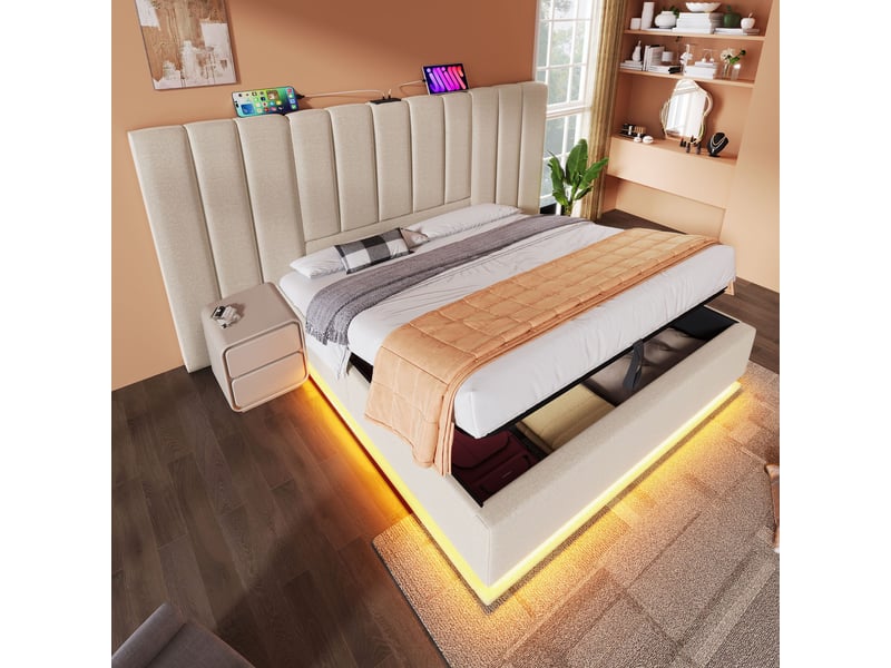  Lit coffre 160x200 cm, rangement hydraulique, 2 tables de chevet, éclairage led, usb et usb-c, sommier à lattes pour chambre - beige  - Conforama E