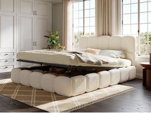 Lit coffre,160x200 cm,2 places, tête de lit et grand compartiment de rangement,bouclé blanc