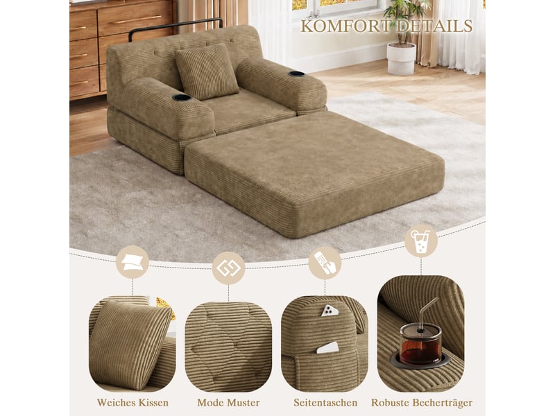  Canapé droit convertible lit 1 place en velours côtelé kaki avec rangement latéral et porte-gobelets  - Conforama W