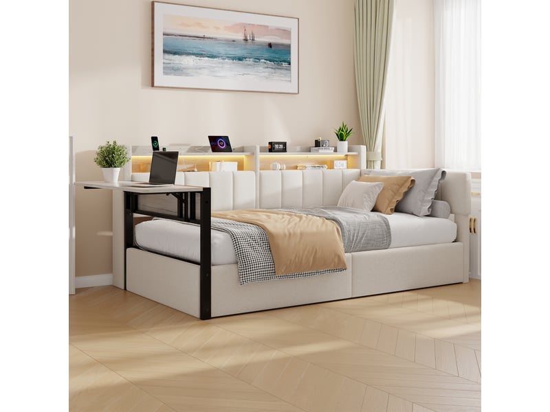 Canapé-lit coffre 90 x 200 cm - avec bande lumineuse led - avec table pliante - tables de chevet interchangeables - port usb - tissu velours - blanc (matelas non inclus) - Conforama B