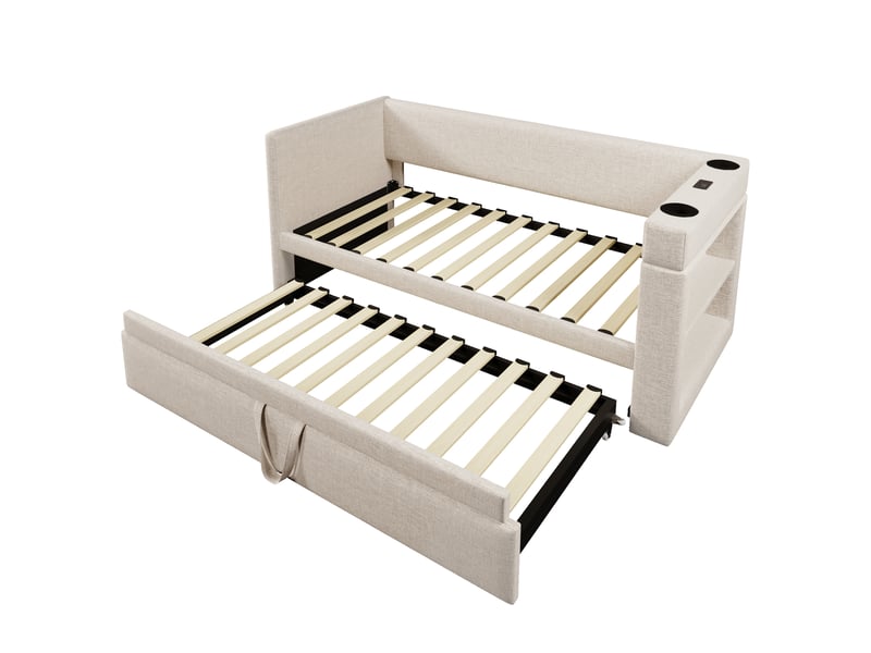  Lit gigogne enfant 90x190cm, canapé-lit, rangement, charge, sommiers, cotton lin beige, sans matelas  - Conforama E