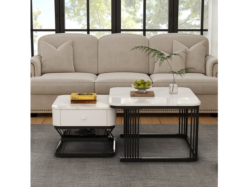  Set de 2 tables basses gigognes carrées – imitation marbre brillante – blanc et noir – 70 x 70 x 45 cm 50 x 50 x 40 cm  - Conforama B