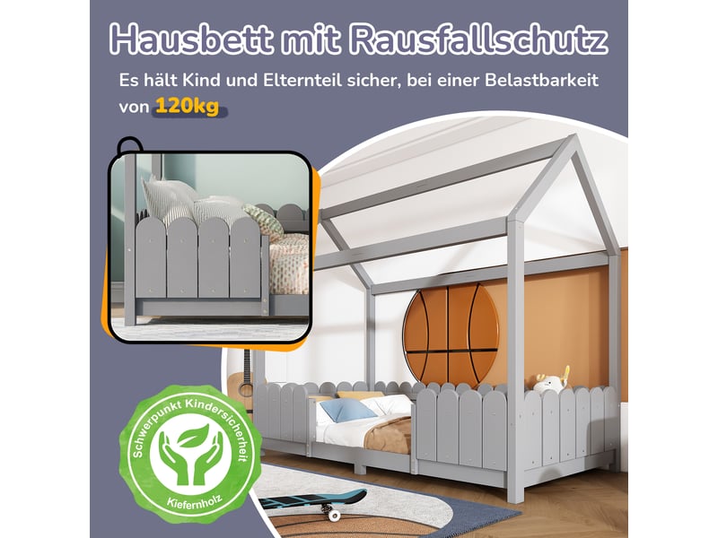  Lit cabane 90x200 en bois gris avec barrière de sécurité et sommier, lit enfant fille et garçon  - Conforama D