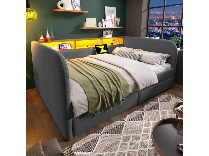  Lit en lin grise 153x196 cm  - Conforama D