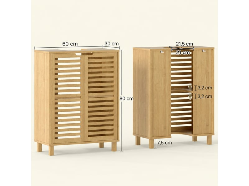  Meuble sous lavabo en bambou à portes persiennes, étagère réglable, 60 x 30 x 80 cm, naturel  - Conforama C