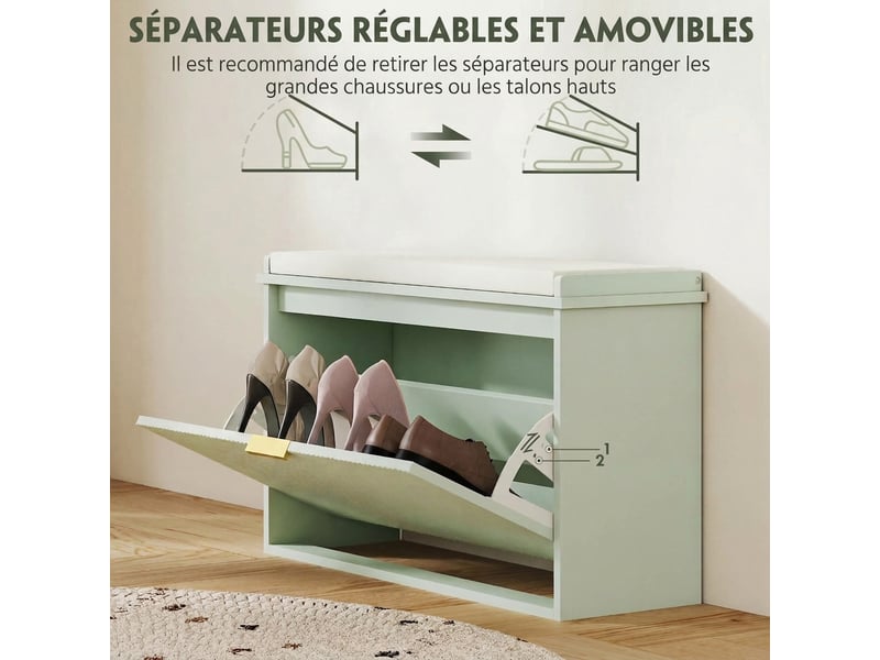  Banc meuble à chaussures design 2 en 1 - porte, séparateur réglable amovible - vert doré  - Conforama E